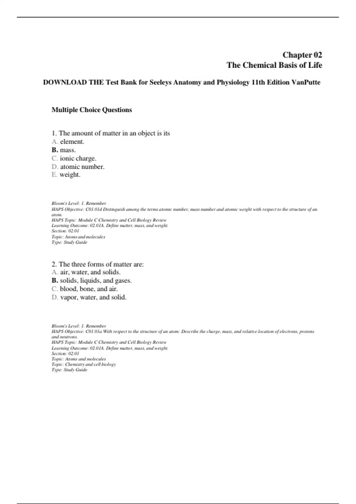 DOWNLOAD THE Test Bank for Seeleys Anatomy and Physiology 11th Edition ...