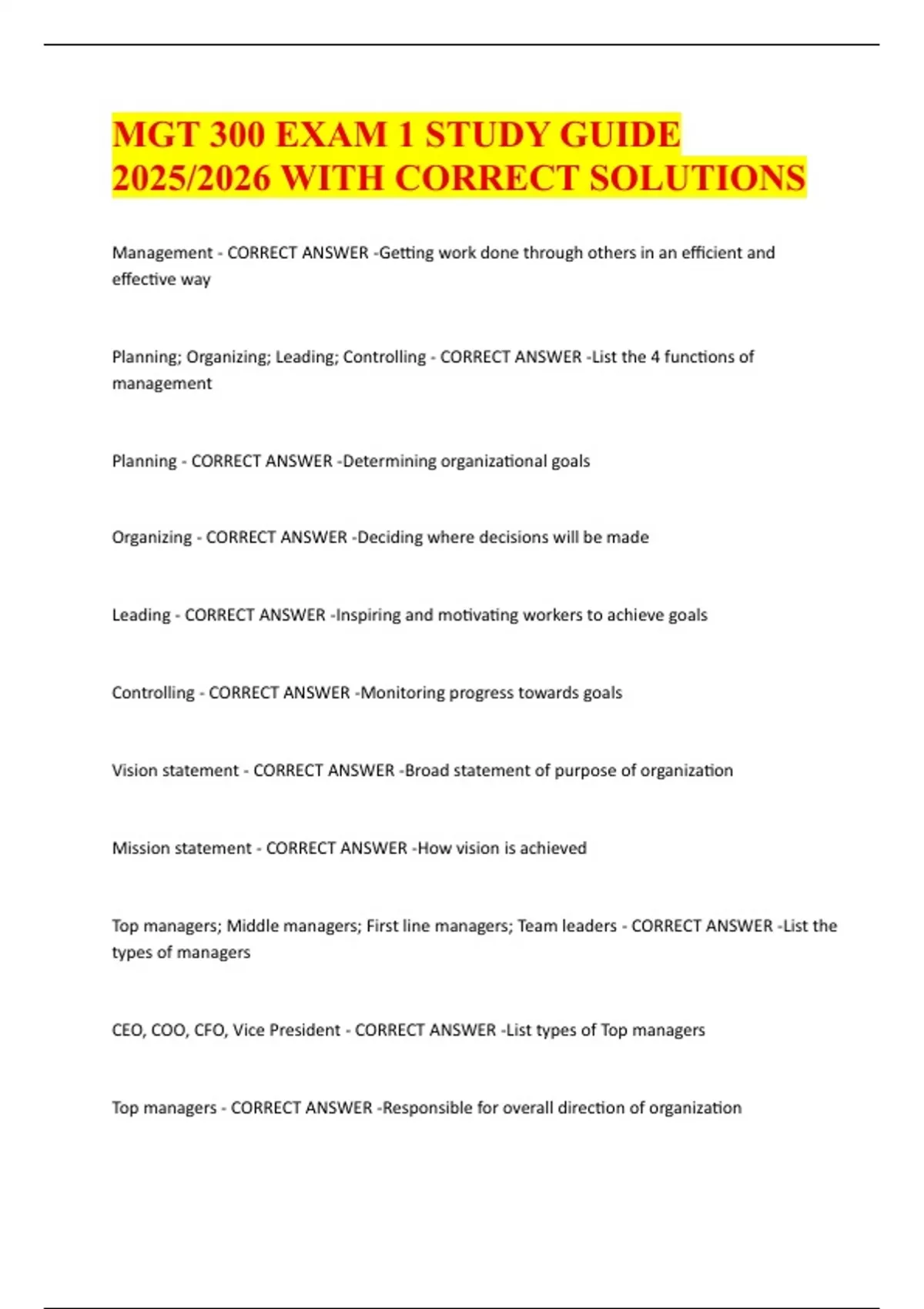 MGT 300 EXAM 1 STUDY GUIDE 2025/2026 WITH CORRECT SOLUTIONS - MGT 300 ...