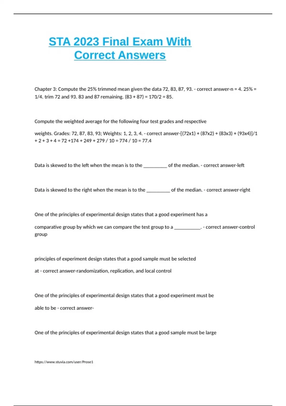 STA 2023 Final Exam With Correct Answers. - STAT 503 - Stuvia US