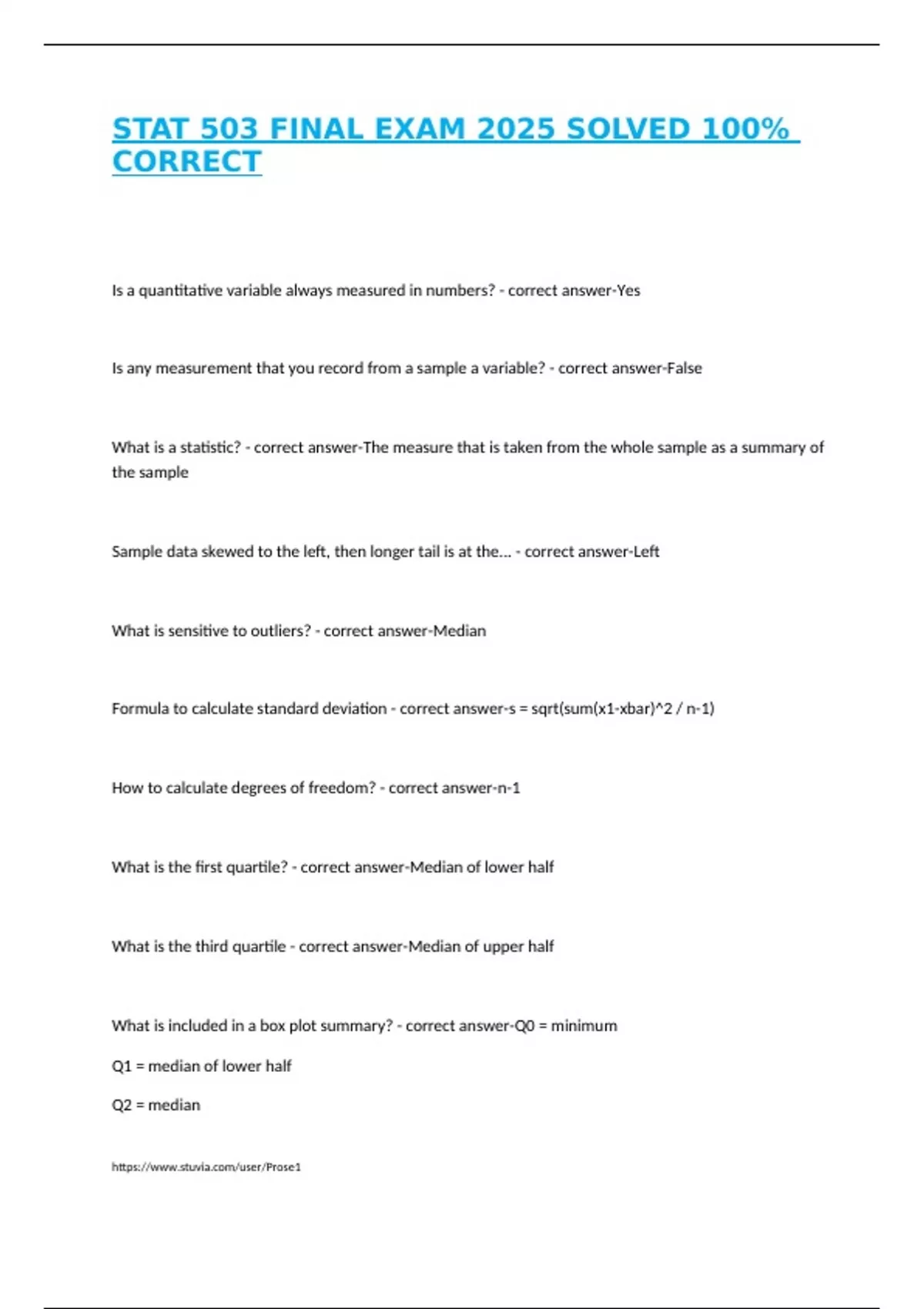Stat Exman STAT 503 FINAL EXAM 2025 SOLVED 100% CORRECT - STAT 503 - Stuvia US