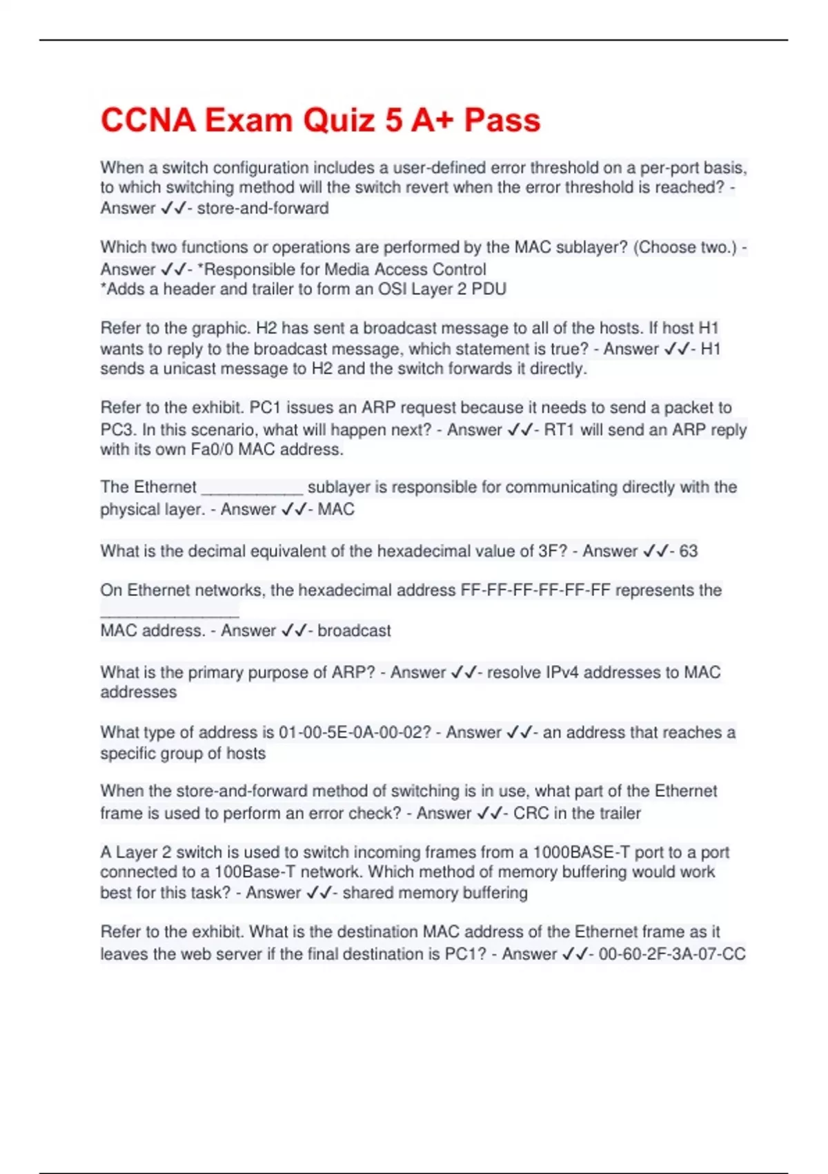 CCNA Exam Quiz 5 A+ Pass - CCNA - Stuvia US