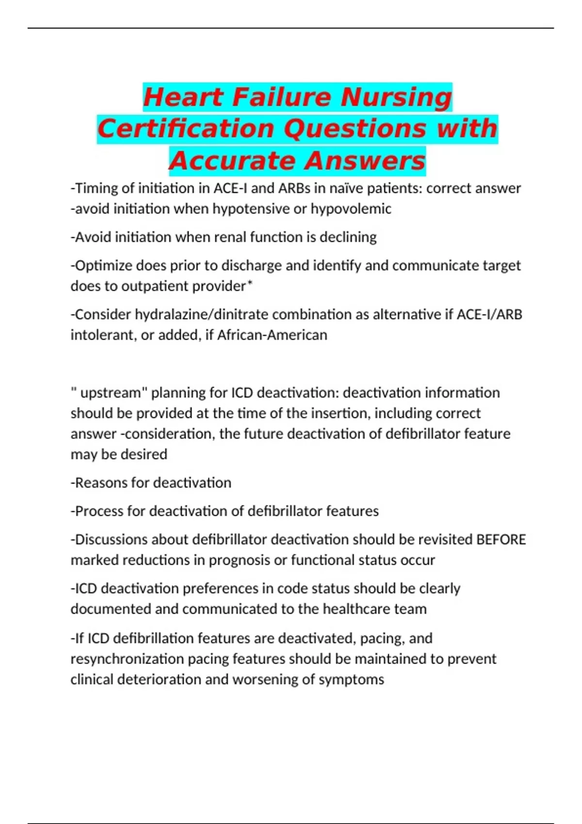 Heart Failure Nursing Certification Questions with Accurate Answers - Cardiovascular nurse ...