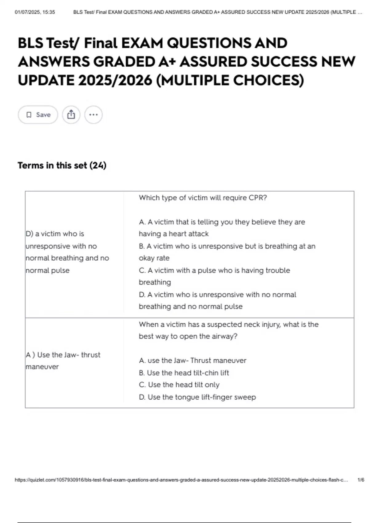 BLS Test/ Final EXAM QUESTIONS AND ANSWERS GRADED A+ ASSURED SUCCESS ...