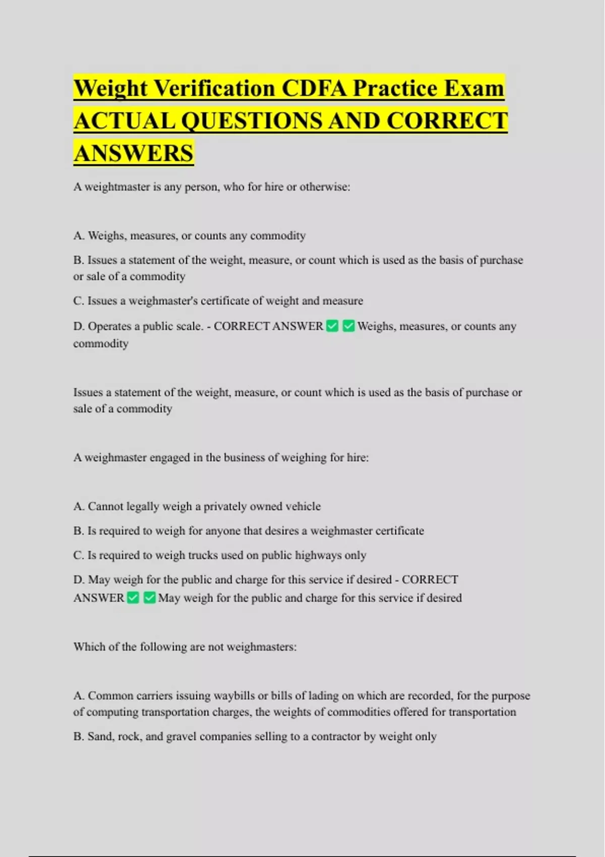 Weight Verification CDFA Practice Exam ACTUAL QUESTIONS AND CORRECT ...