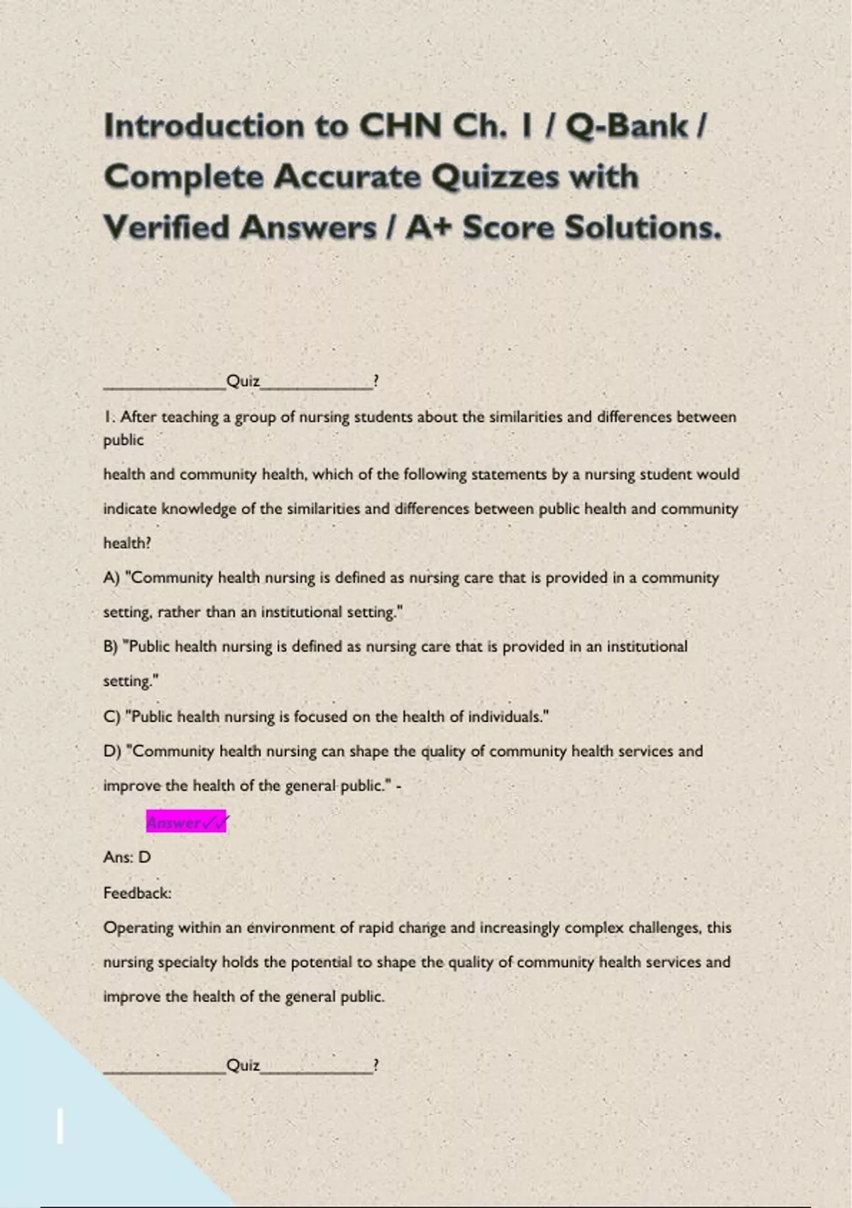 Introduction to CHN Ch. 1 / Q-Bank / Complete Accurate Quizzes with ...