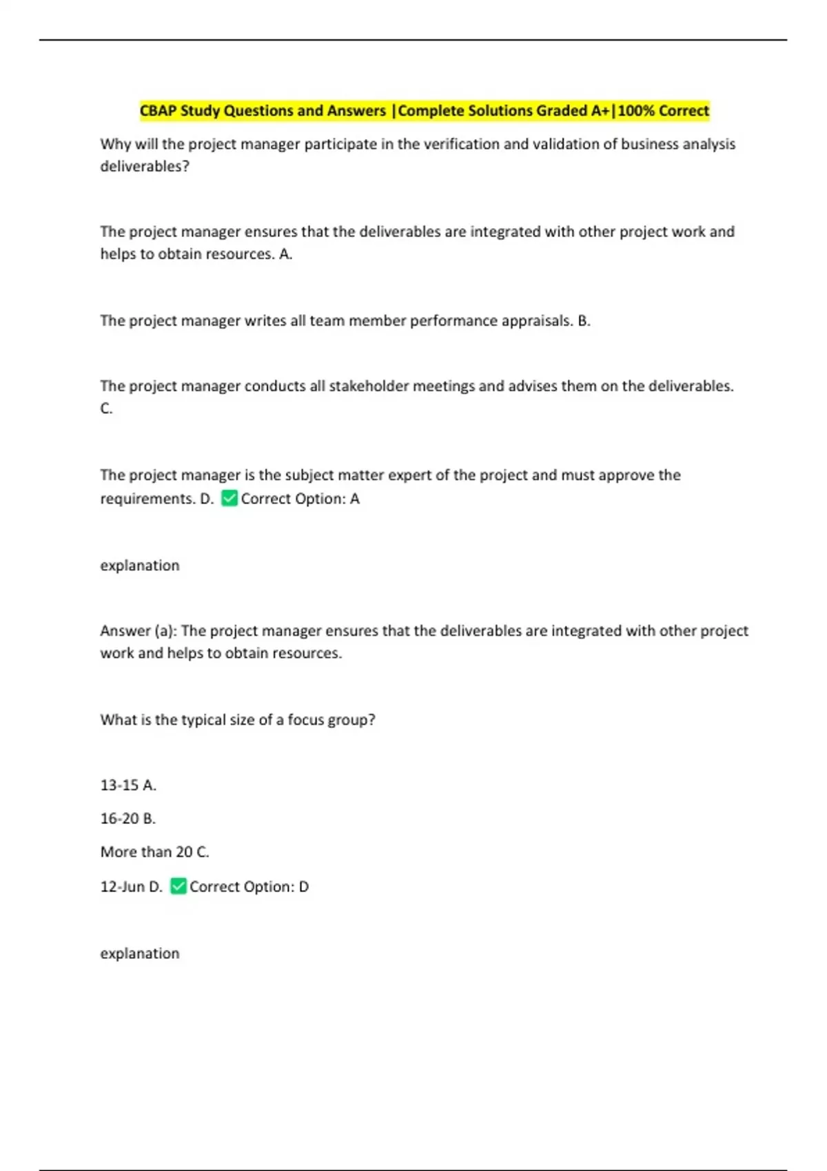 Cbip Sample Question CBAP Study Questions and Answers |Complete Solutions Graded A+|100% ...