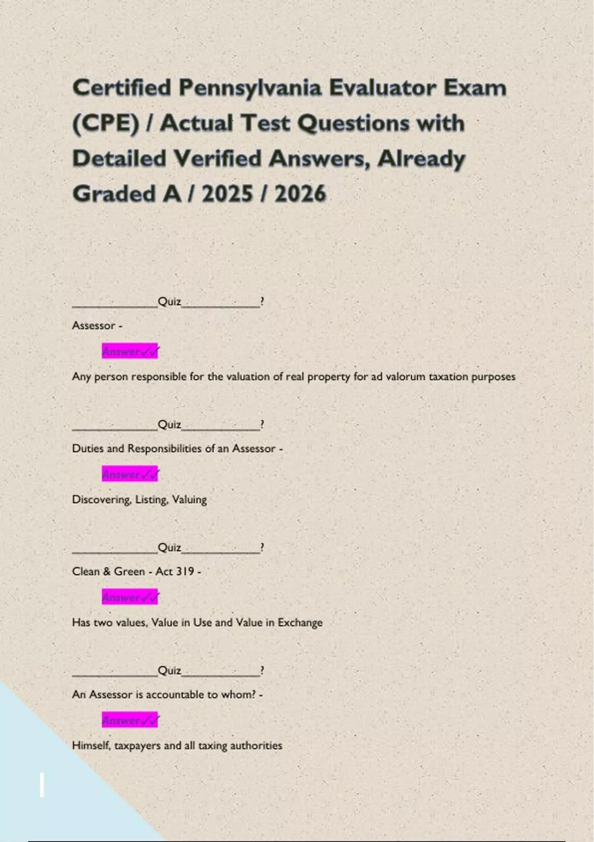 Certified Pennsylvania Evaluator Exam (CPE) / Actual Test Questions ...