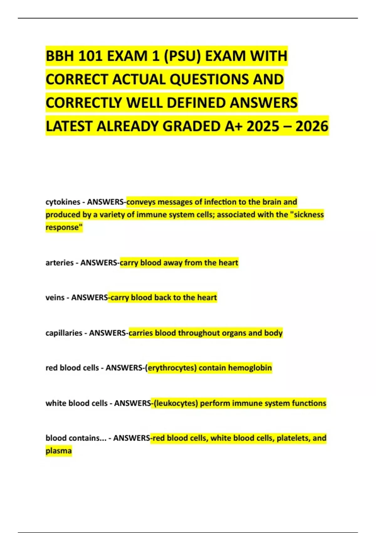 BBH 101 EXAM 1 (PSU) EXAM WITH CORRECT ACTUAL QUESTIONS AND CORRECTLY ...