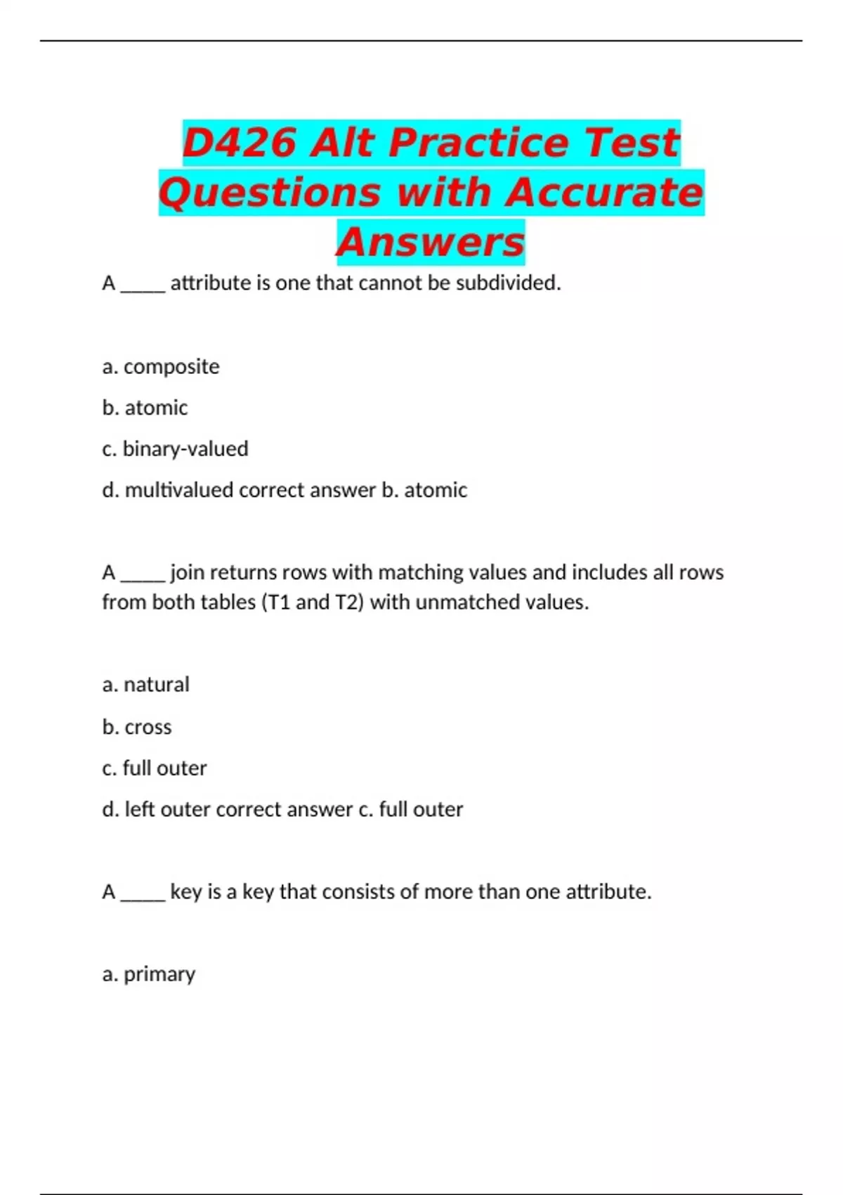 D426 Alt Practice Test Questions with Accurate Answers - Data ...