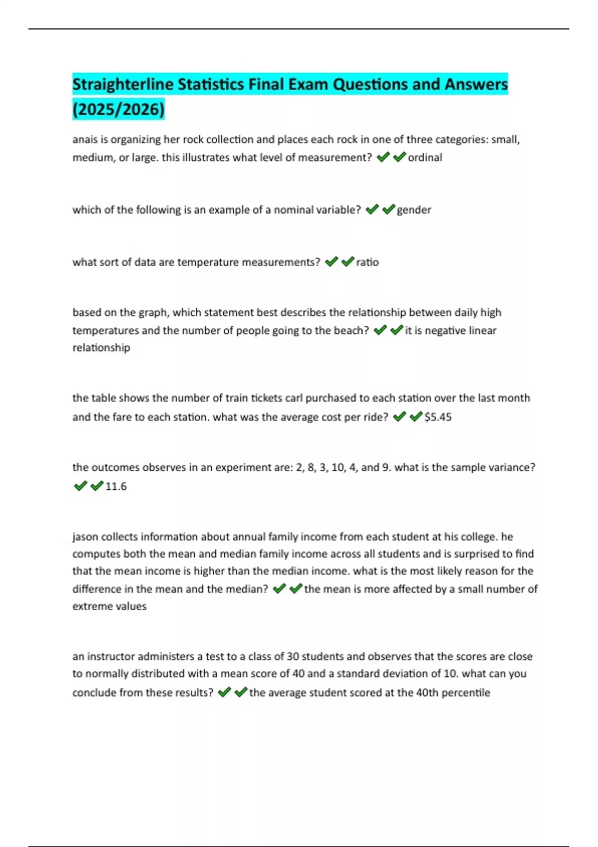 Straighterline Statistics Final Exam Questions and Answers (2025/2026 ...