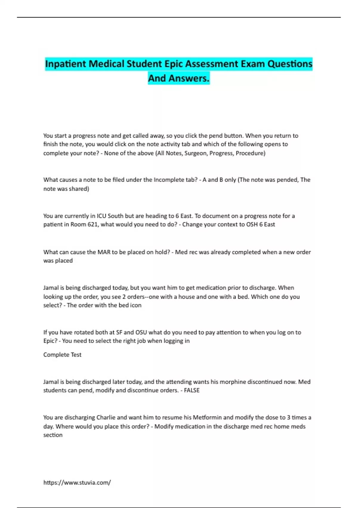 Inpatient Medical Student Epic Assessment Exam Questions And Answers ...