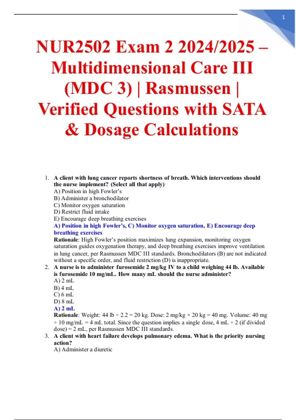 NUR2502 Exam 2 2024/2025 – Multidimensional Care III (MDC 3 ...