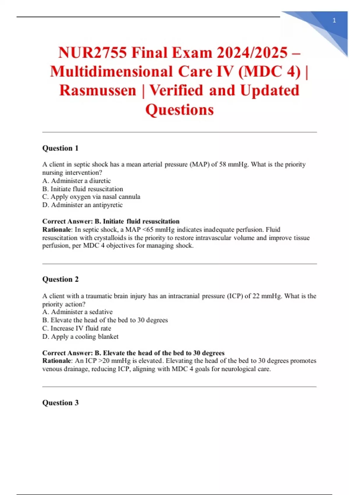 NUR2755 Final Exam 2024/2025 – Multidimensional Care IV (MDC 4 ...