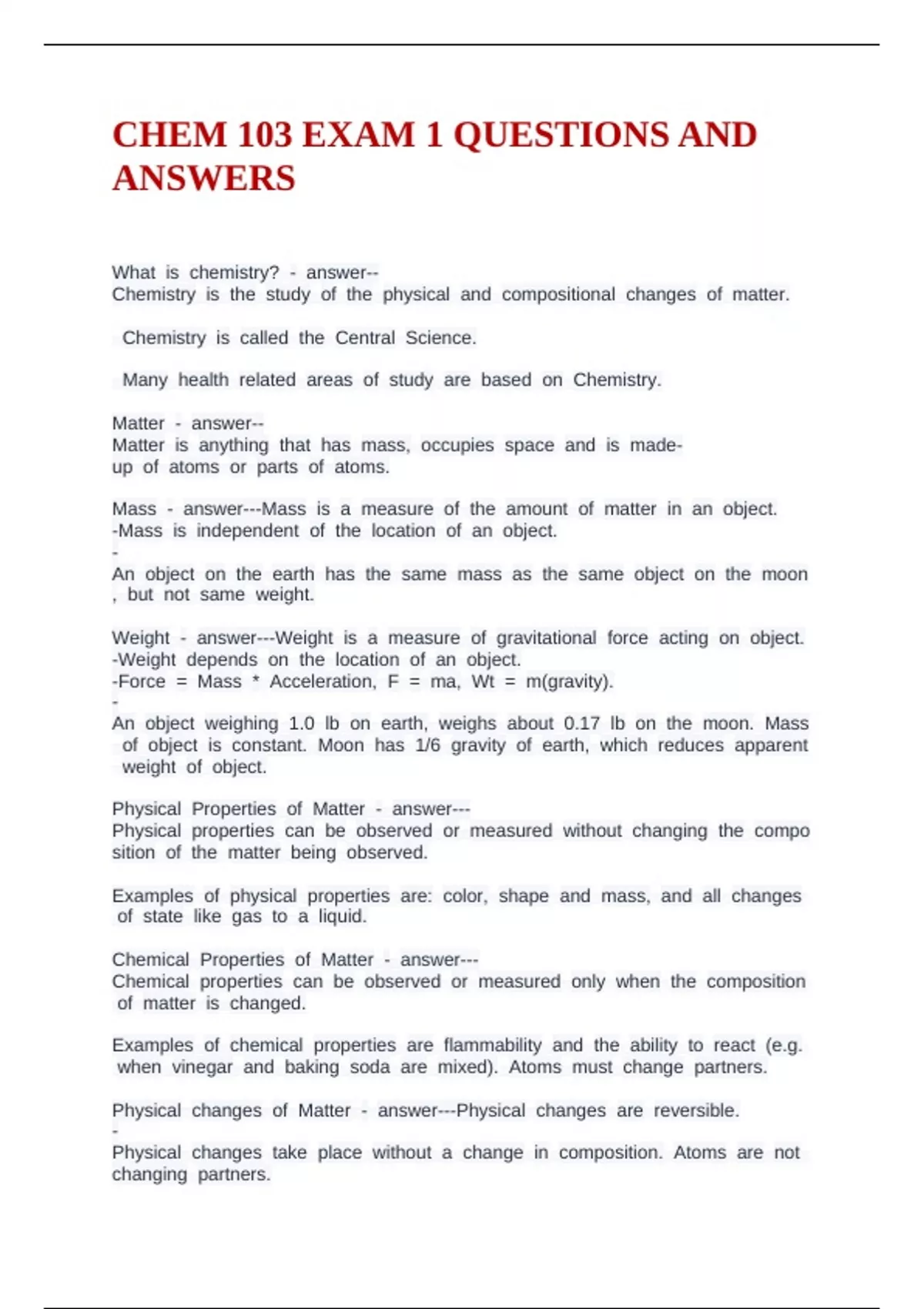 CHEM 103 EXAM 1 QUESTIONS AND ANSWERS - CHEM103 - Stuvia US