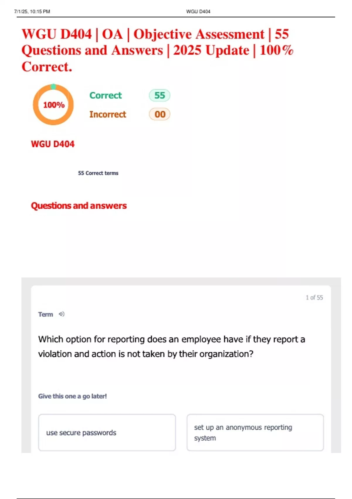 WGU D404 | OA | Objective Assessment | 55 Questions and Answers | 2025 ...