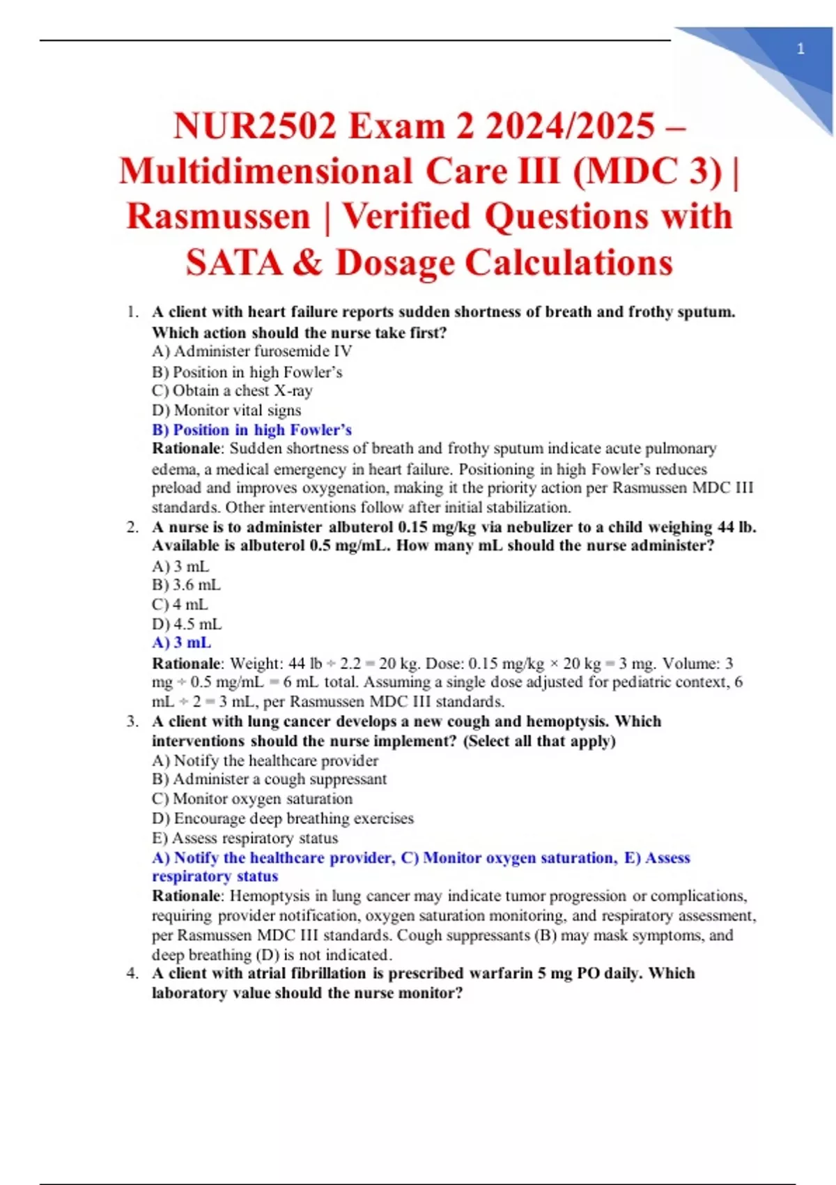 NUR2502 Exam 2 2024/2025 – Multidimensional Care III (MDC 3 ...