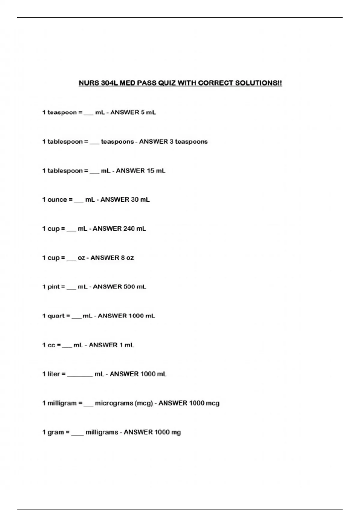 NURS 304L MED PASS QUIZ WITH CORRECT SOLUTIONS!! - NURS 304L MED PASS - Stuvia US