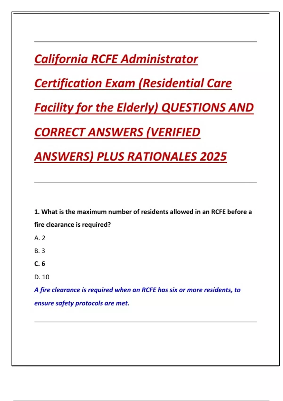 California RCFE Administrator Certification Exam (Residential Care ...