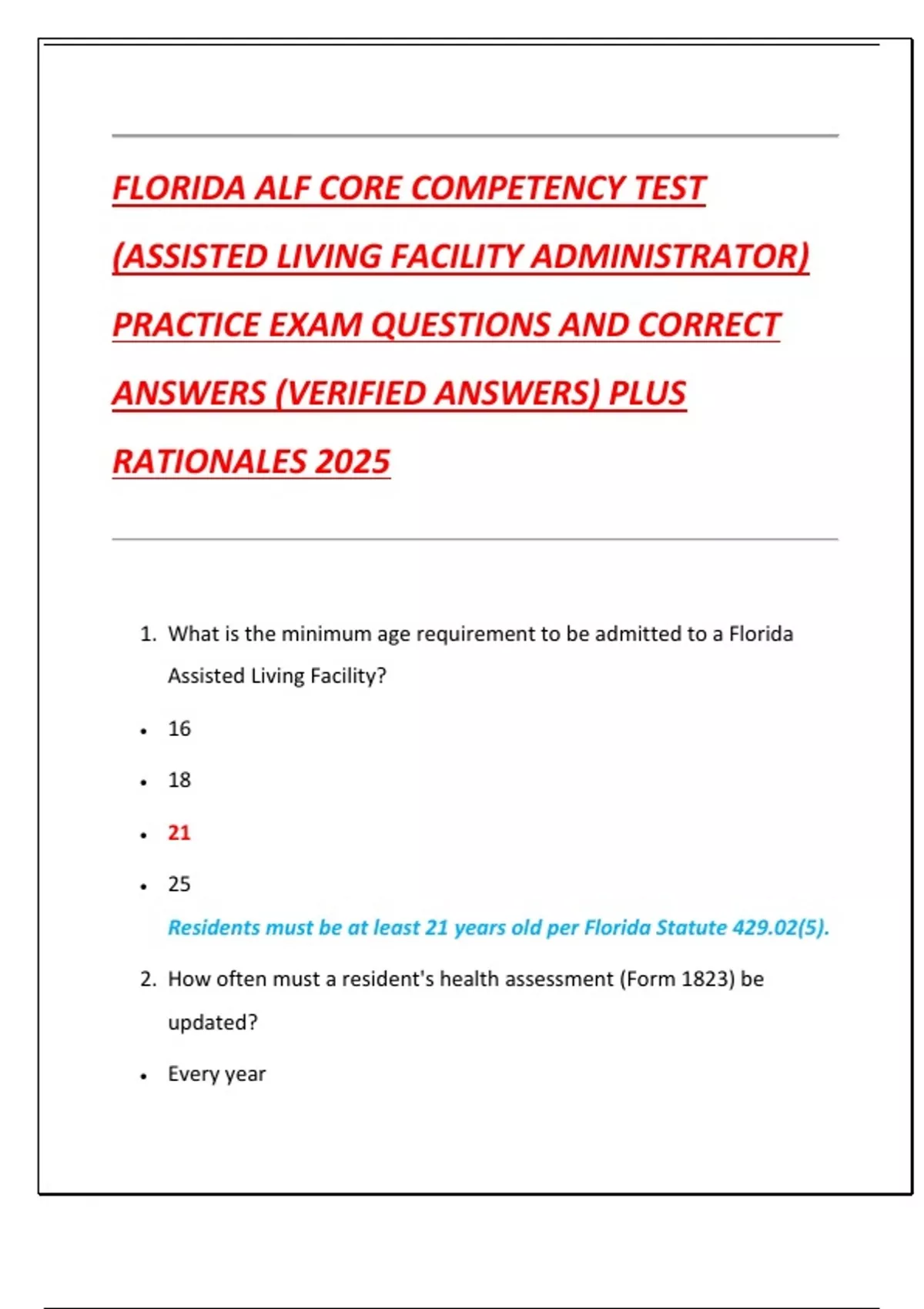 FLORIDA ALF CORE COMPETENCY TEST (ASSISTED LIVING FACILITY ...