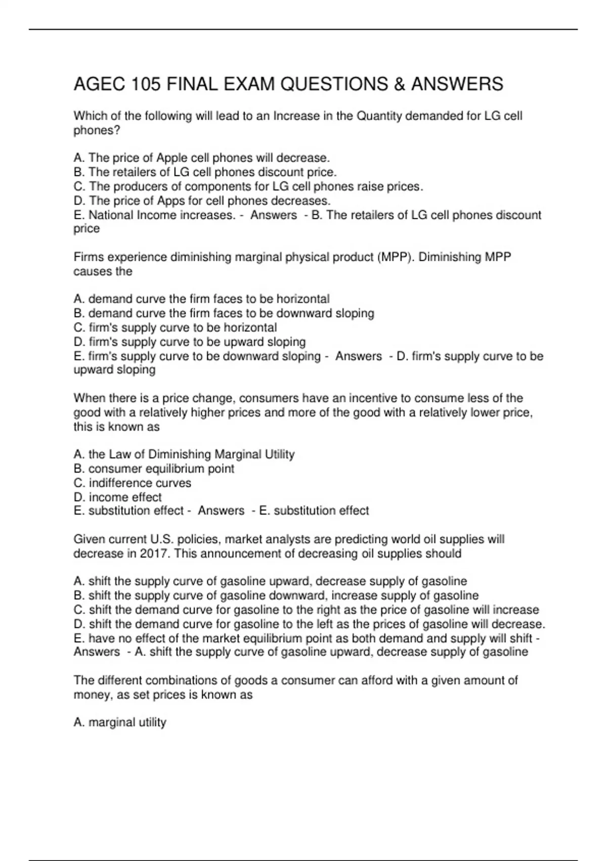 AGEC 105 FINAL EXAM QUESTIONS & ANSWERS - AGEC 105 - Stuvia US