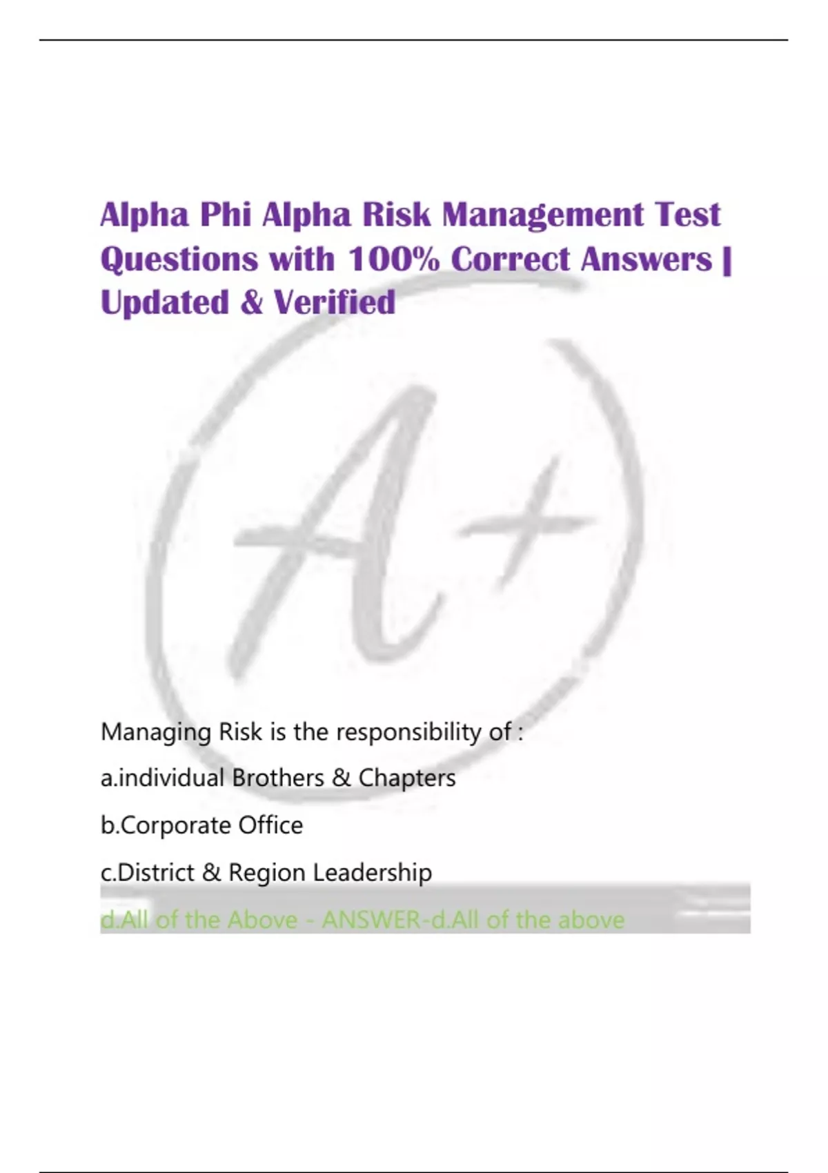 Alpha Phi Alpha Risk Management Test Questions with 100% Correct ...