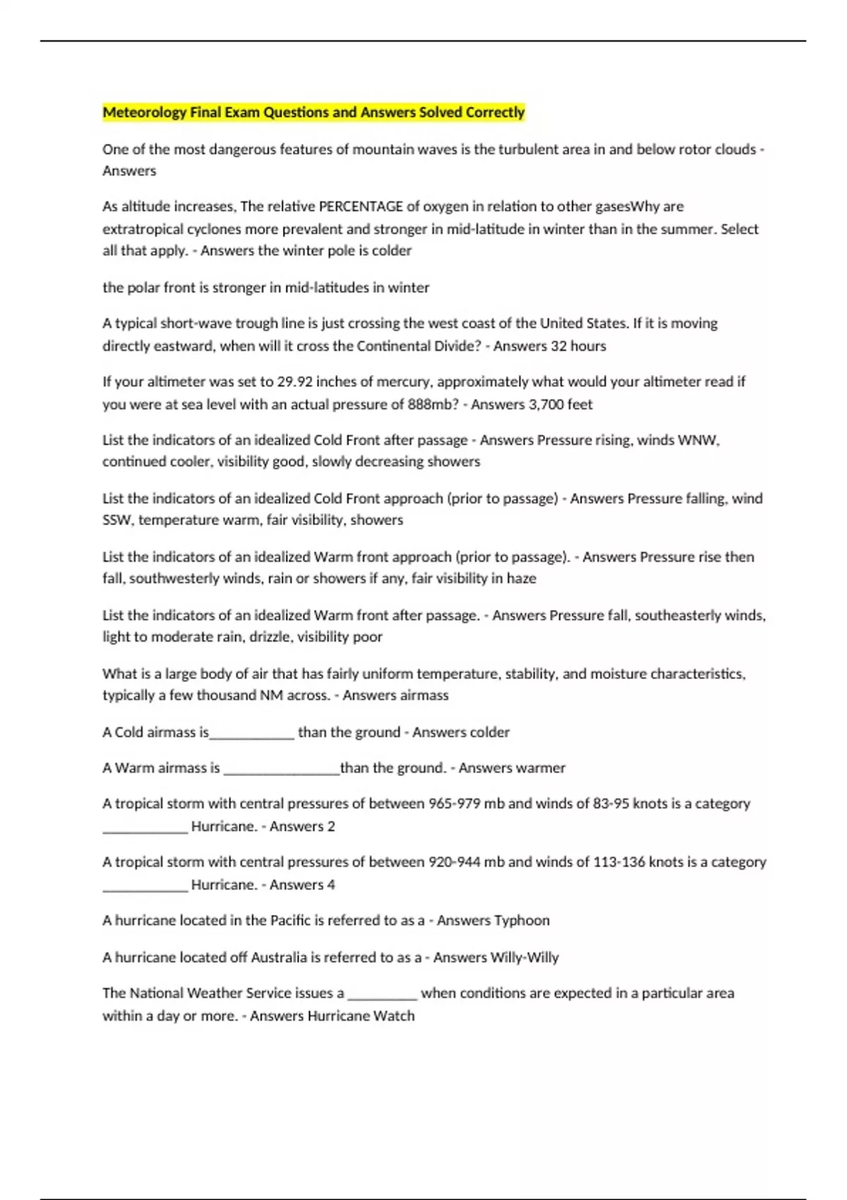 Meteorology Final Exam Questions and Answers Solved Correctly ...