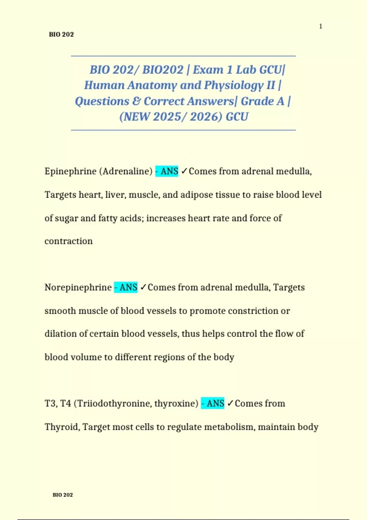 BIO 202/ BIO202 | Exam 1 Lab GCU| Human Anatomy and Physiology II ...