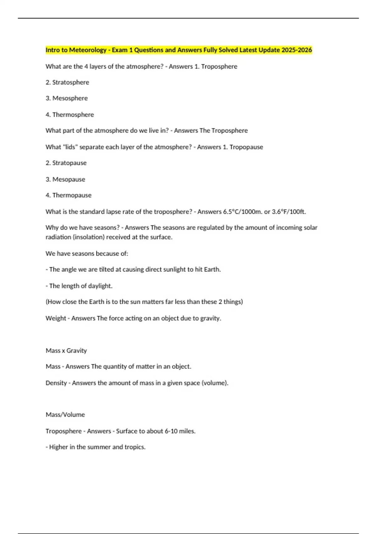Intro to Meteorology - Exam 1 Questions and Answers Fully Solved Latest ...