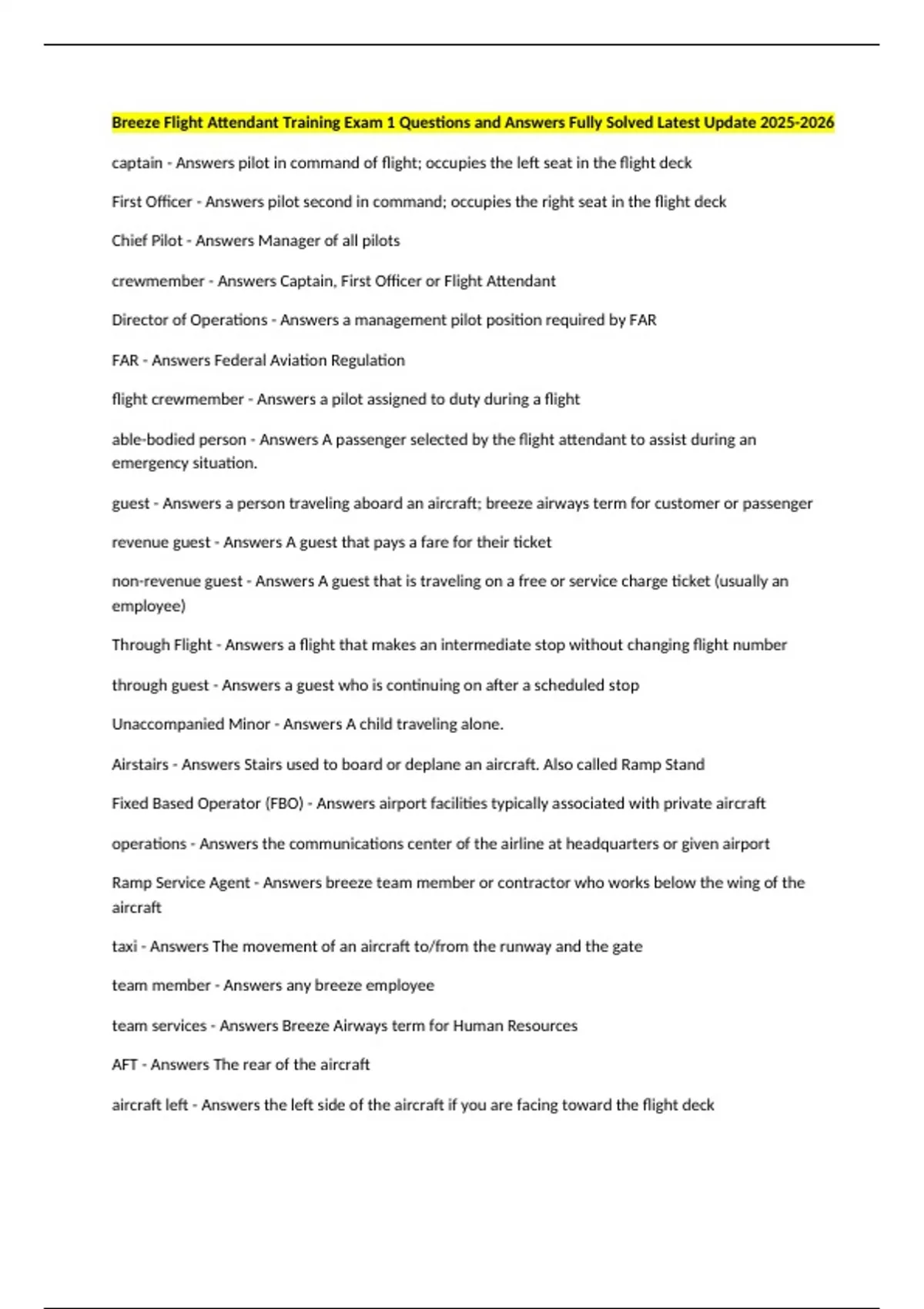 Breeze Flight Attendant Training Exam 1 Questions and Answers Fully ...