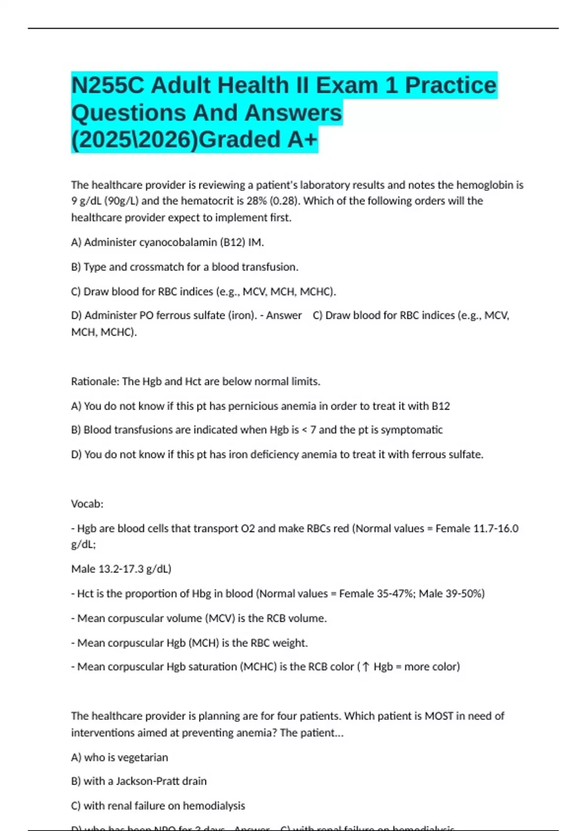 N255C Adult Health II Exam 1 Practice Questions And Answers ()Graded A+ ...