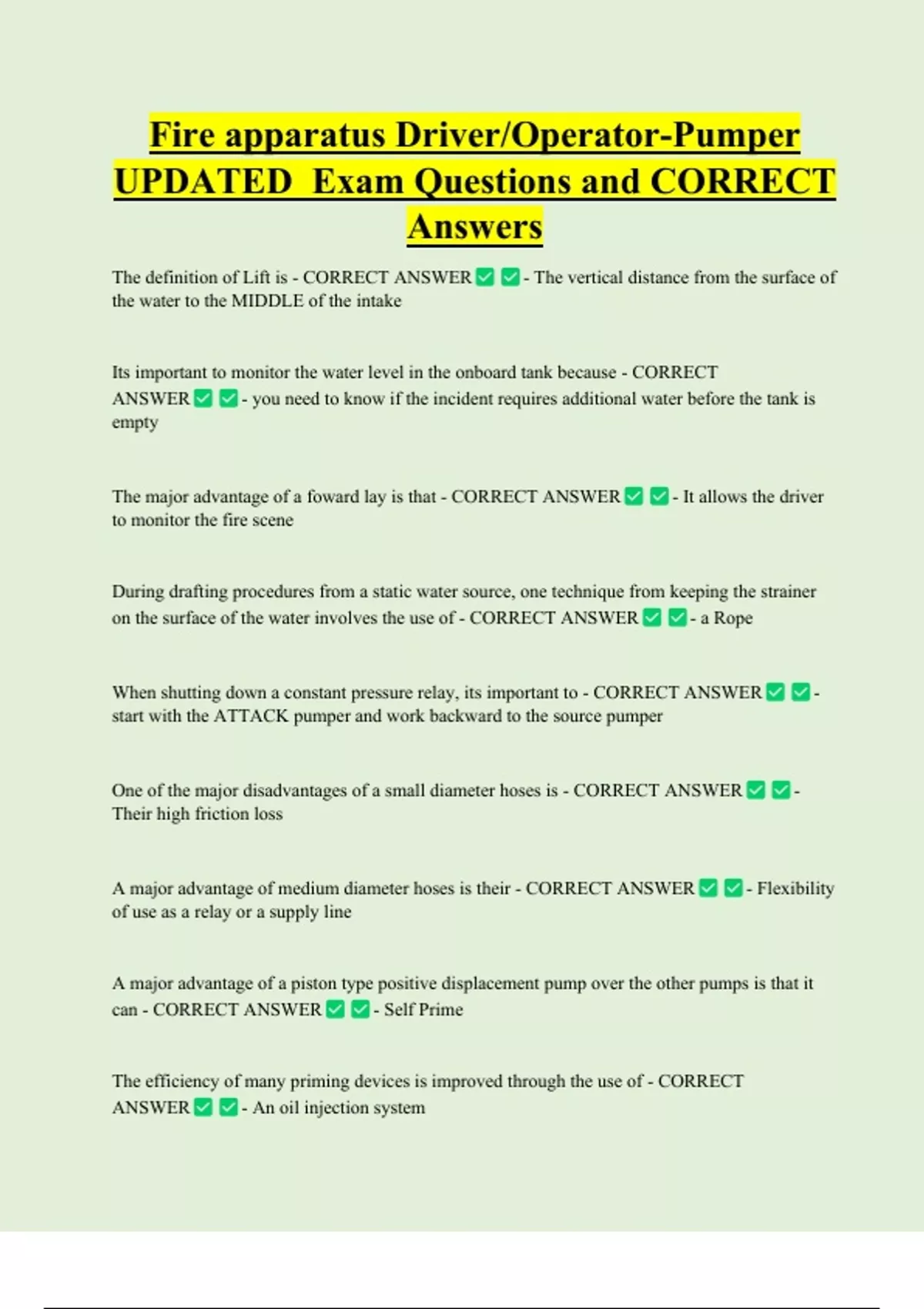 Fire apparatus Driver/Operator-Pumper UPDATED Exam Questions and ...