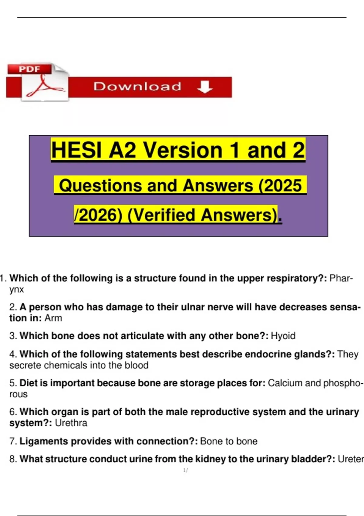 HESI A2 Version 1 and 2 Questions and Answers (2025 / 2026) (Verified ...