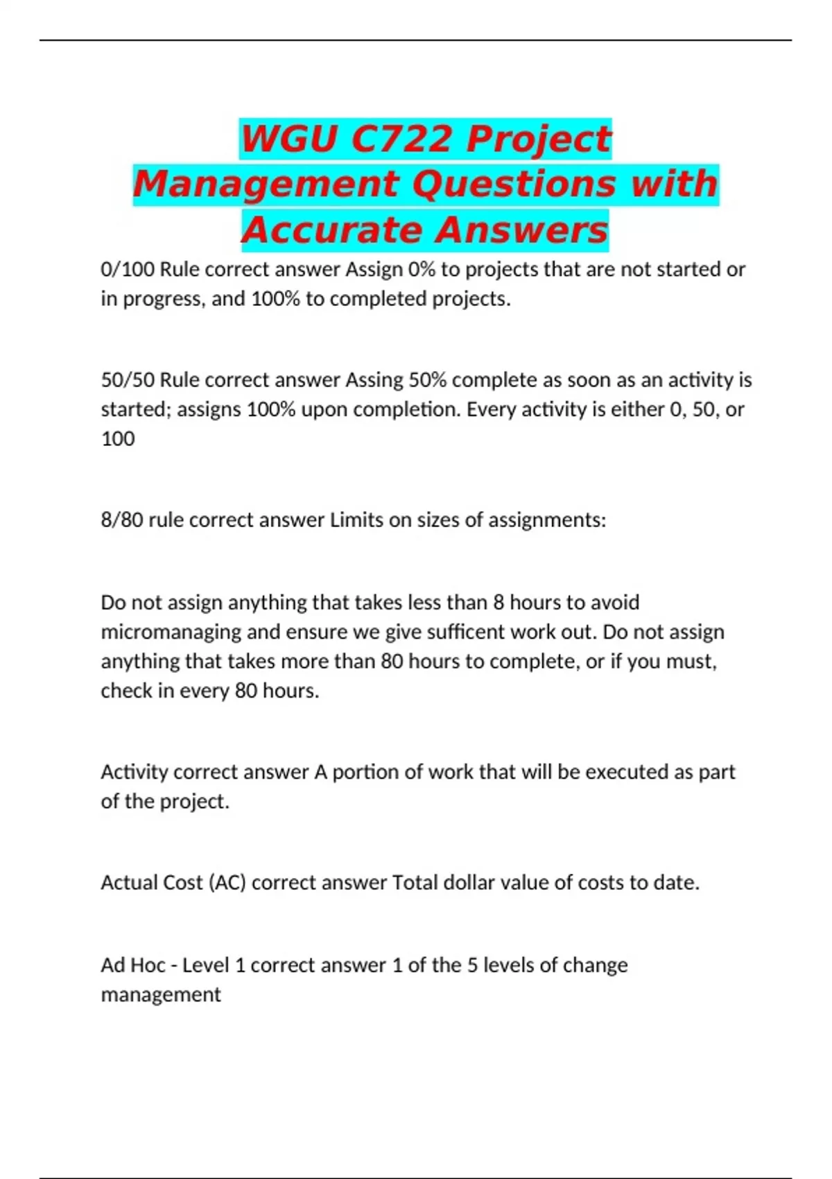 WGU C722 Project Management Questions with Accurate Answers - Project ...