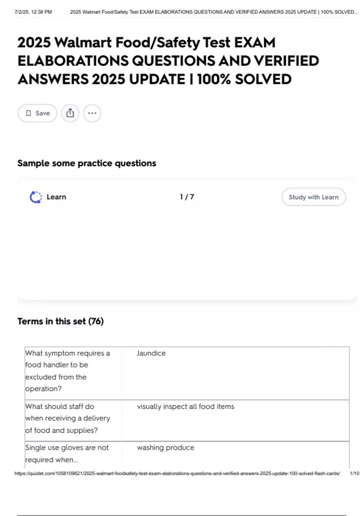 2025 Walmart Food/Safety Test EXAM ELABORATIONS QUESTIONS AND VERIFIED ...