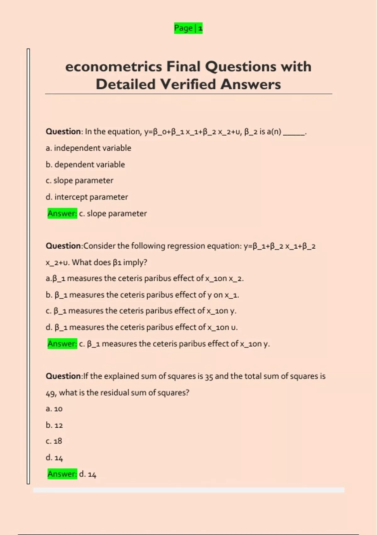 econometrics Final Questions with Detailed Verified Answers ...