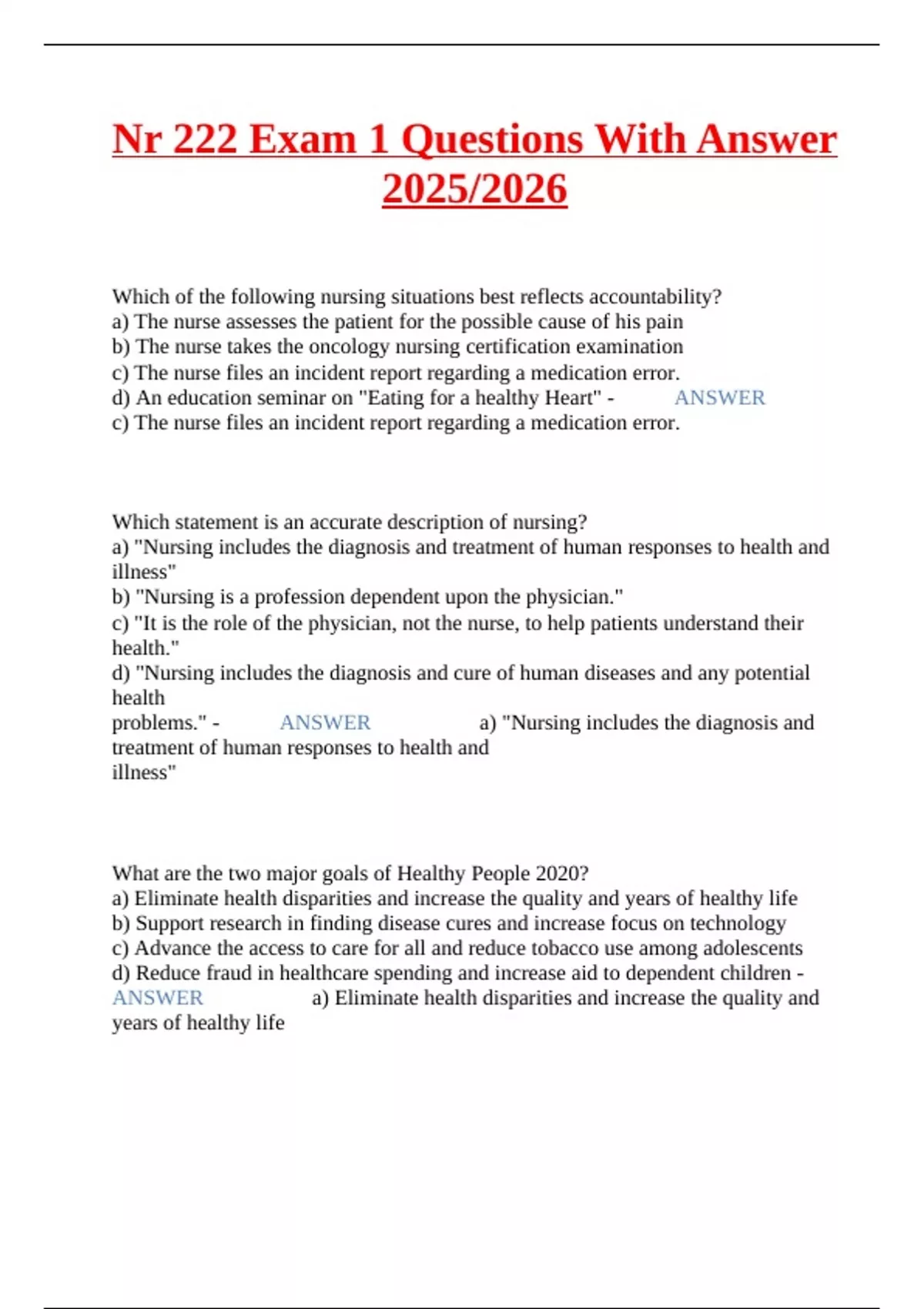 Nr 222 Exam 1 Questions With Answer 2025/2026 - NR 222 / NR222 - Stuvia US