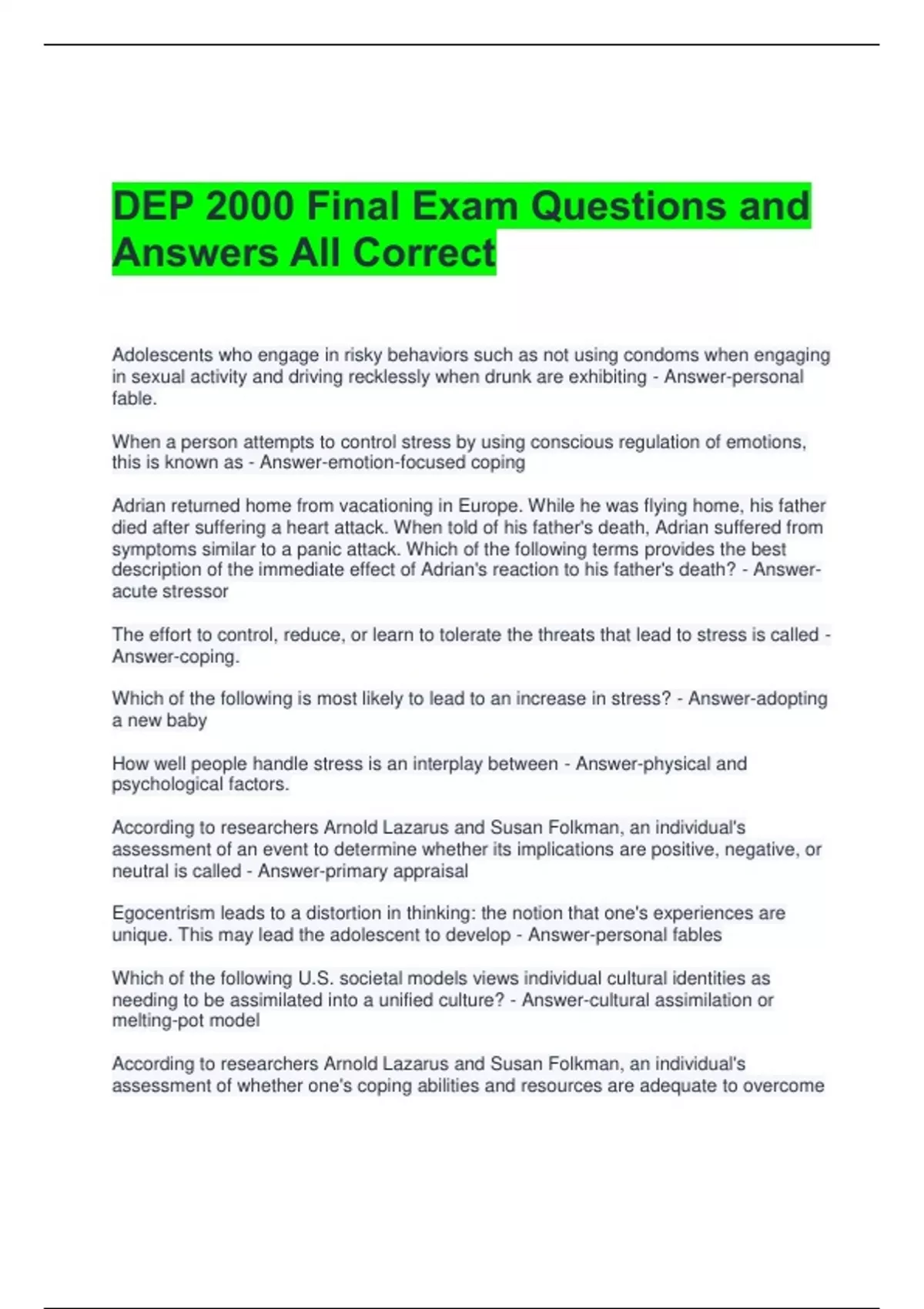 DEP 2000 Final Exam Questions and Answers All Correct - DEP 2000 ...