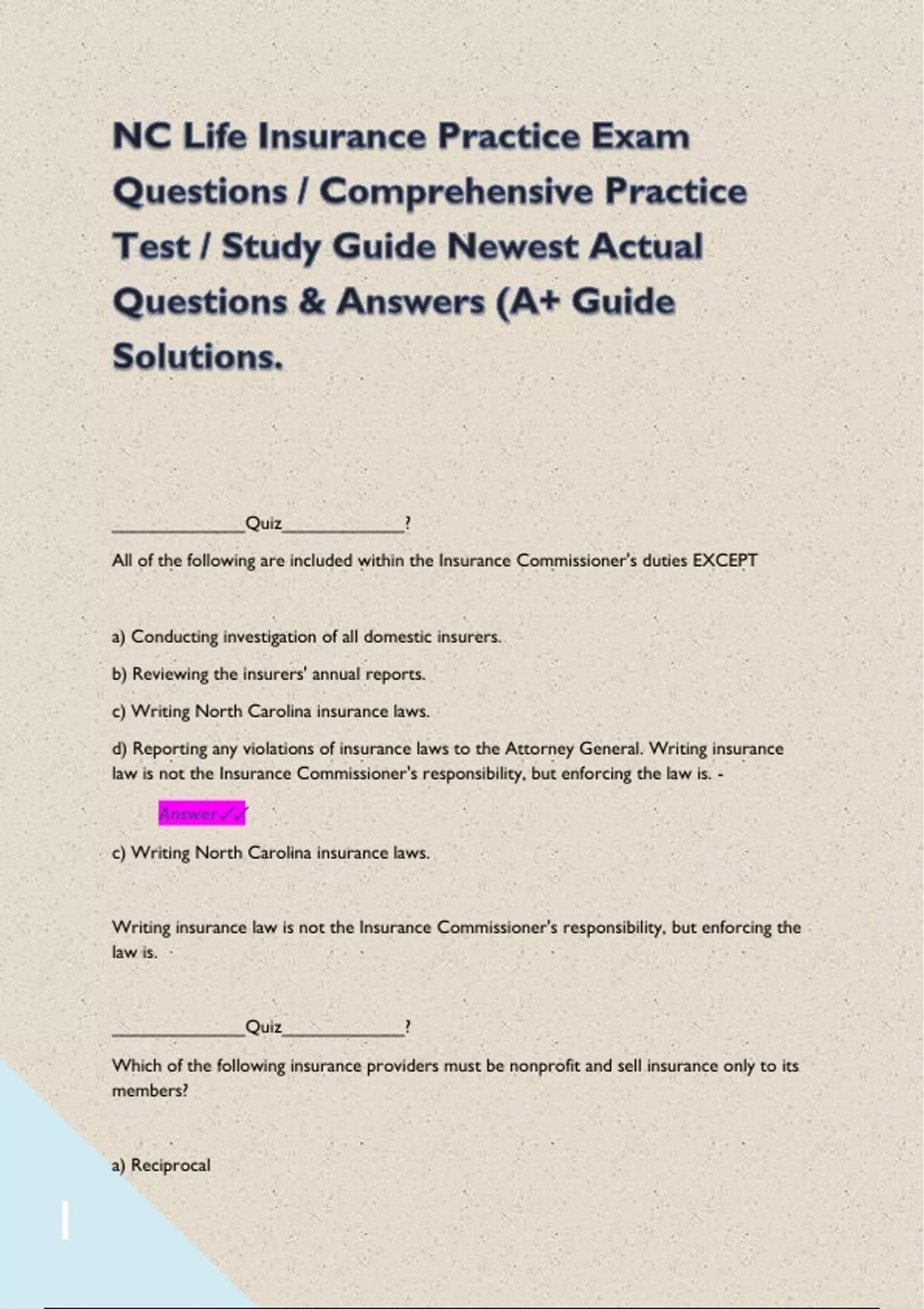 NC Life Insurance Practice Exam Questions / Comprehensive Practice Test ...