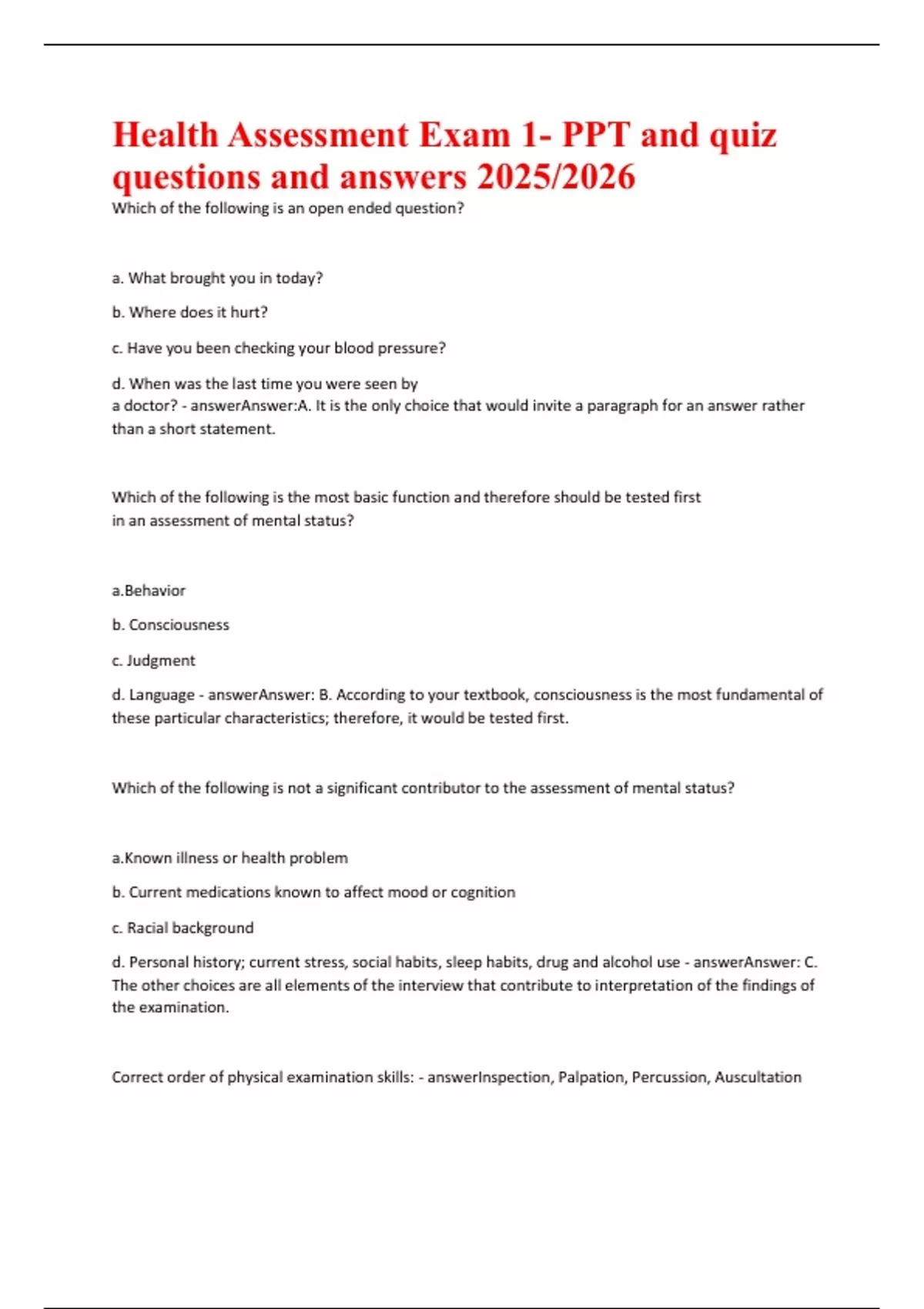 Health Assessment Exam 1 Questions and Answers 2025/2026 – Verified ...