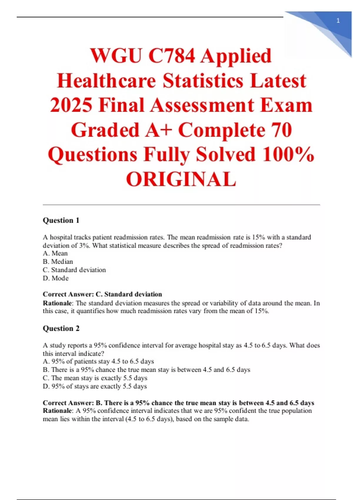WGU C784 Applied Healthcare Statistics Latest 2025 Final Assessment ...