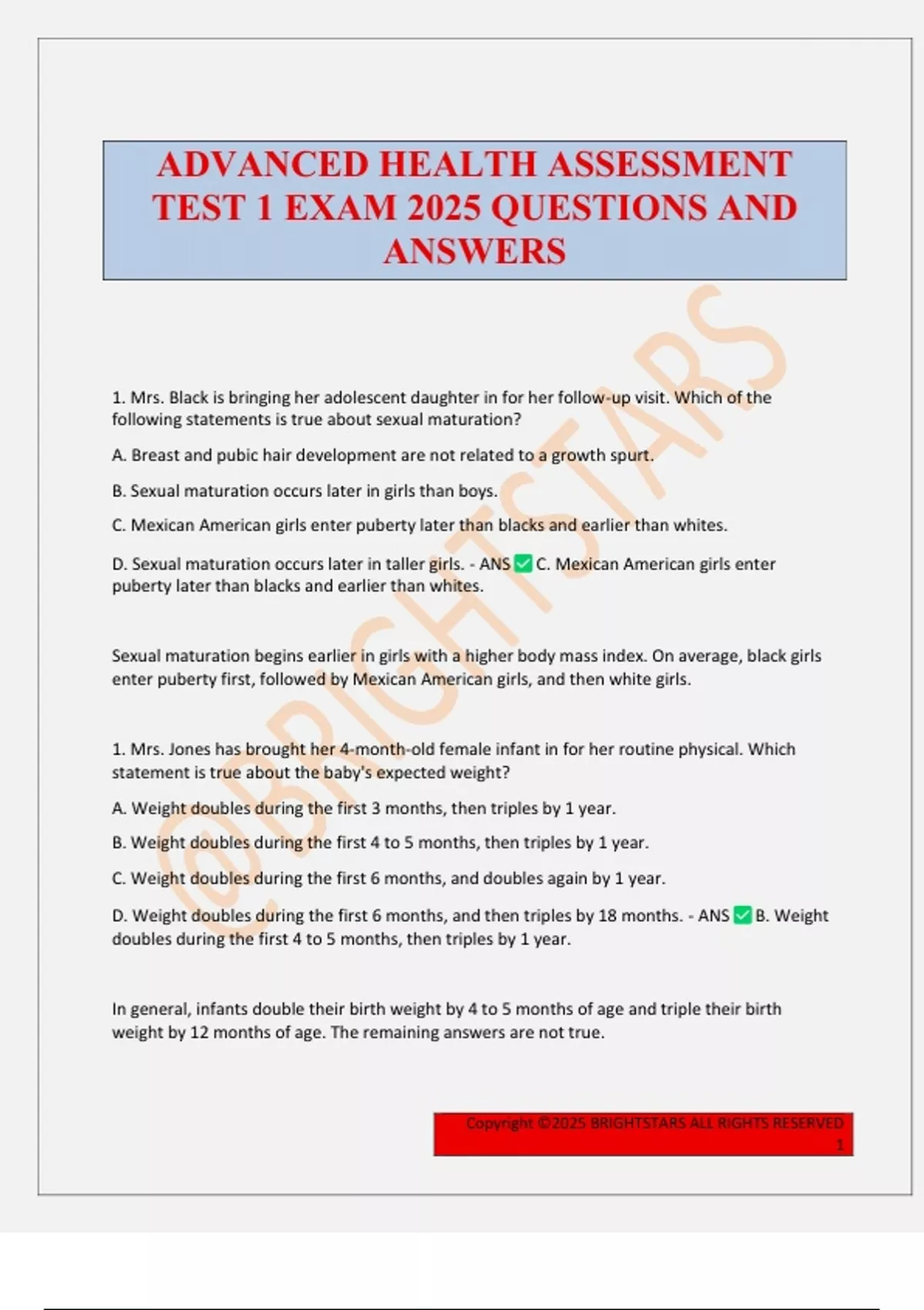 ADVANCED HEALTH ASSESSMENT TEST 1 EXAM 2025 QUESTIONS AND ANSWERS ...