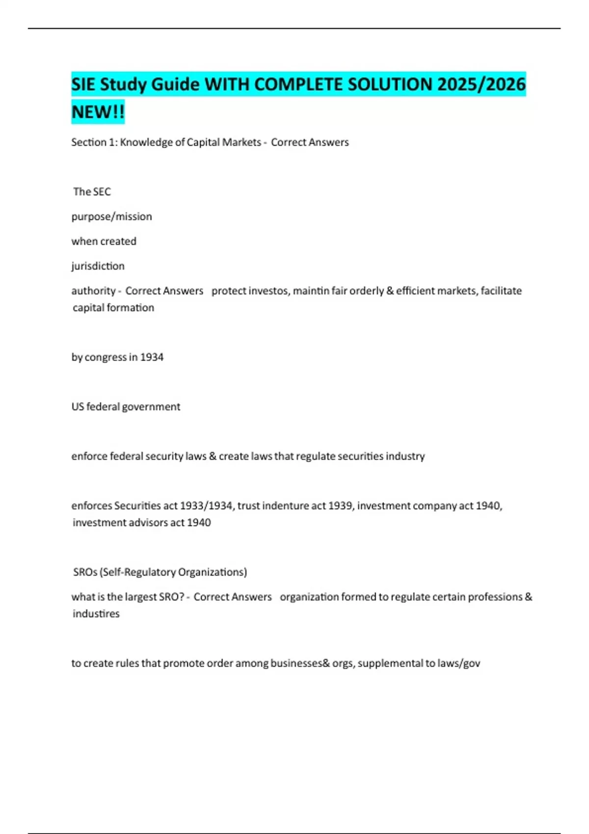 SIE Study Guide WITH COMPLETE SOLUTION 2025/2026 NEW!! - SIE - Stuvia US