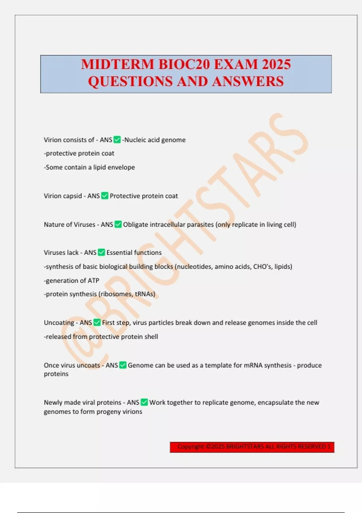 MIDTERM BIOC20 EXAM 2025 QUESTIONS AND ANSWERS - BIOC20 - Stuvia US