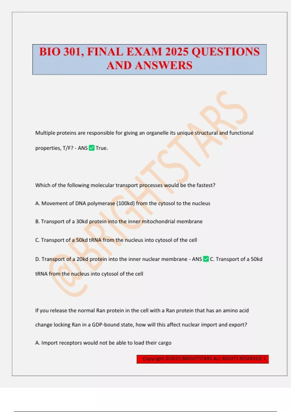BIO 301, FINAL EXAM 2025 QUESTIONS AND ANSWERS - BIOLOGY 301 - Stuvia US