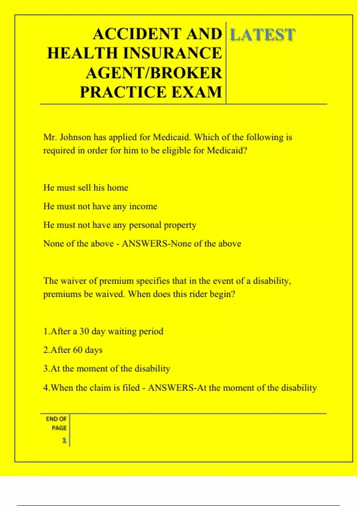 ACCIDENT AND HEALTH INSURANCE AGENT/BROKER PRACTICE EXAM QUESTIONS AND ...