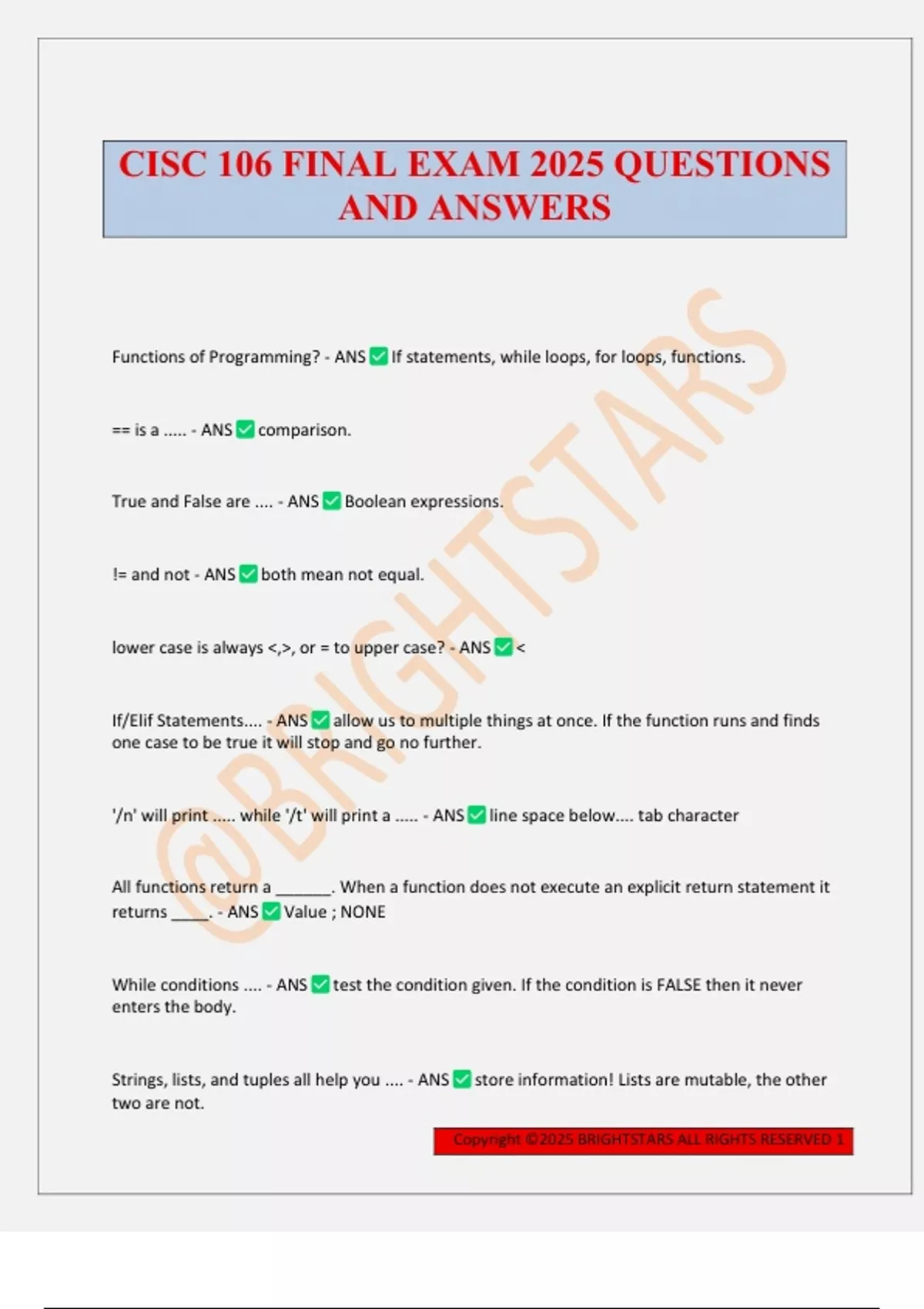 CISC 106 FINAL EXAM 2025 QUESTIONS AND ANSWERS - CISC 106 - Stuvia US