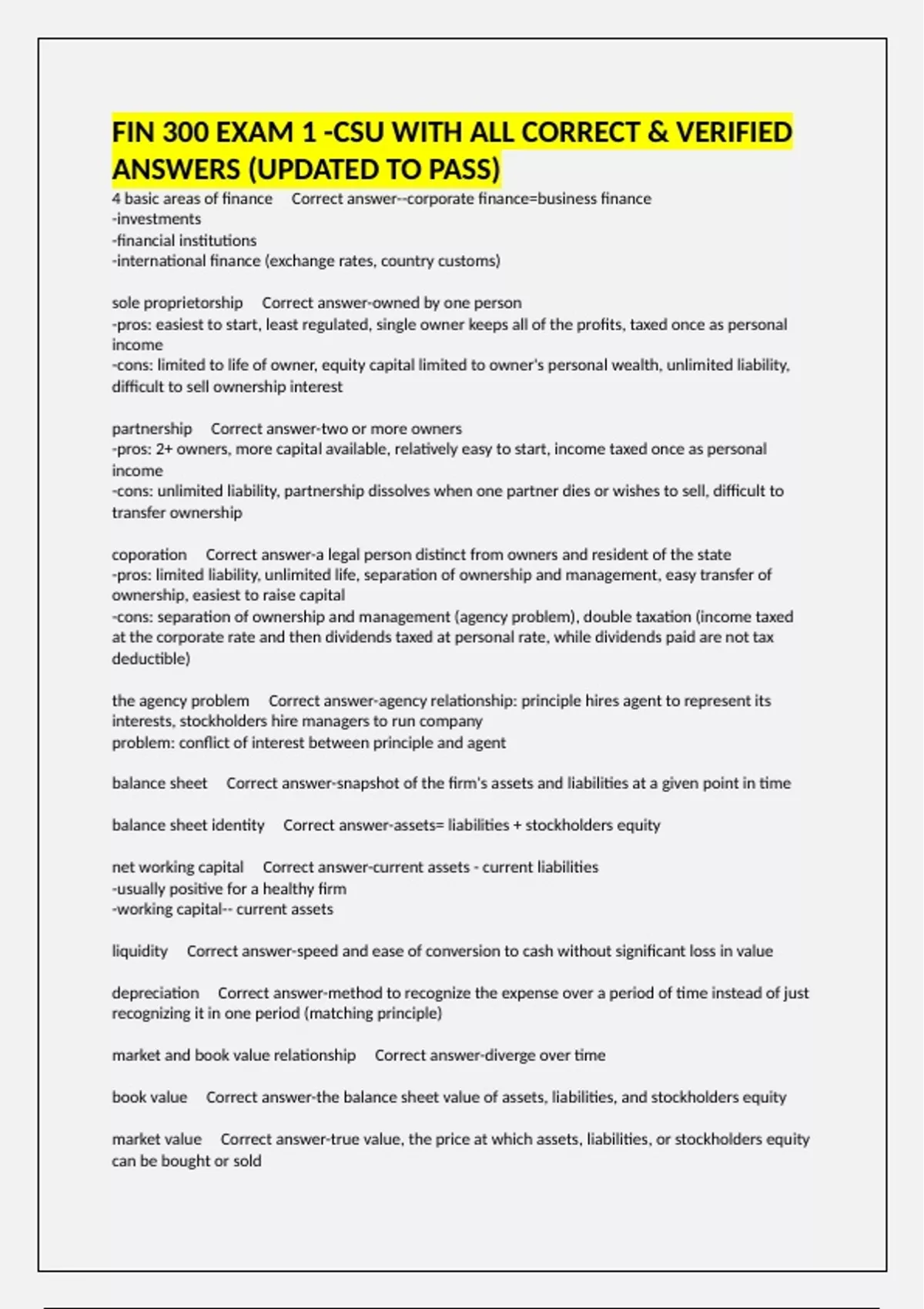 FIN 300 EXAM 1 -CSU WITH ALL CORRECT & VERIFIED ANSWERS (UPDATED TO ...