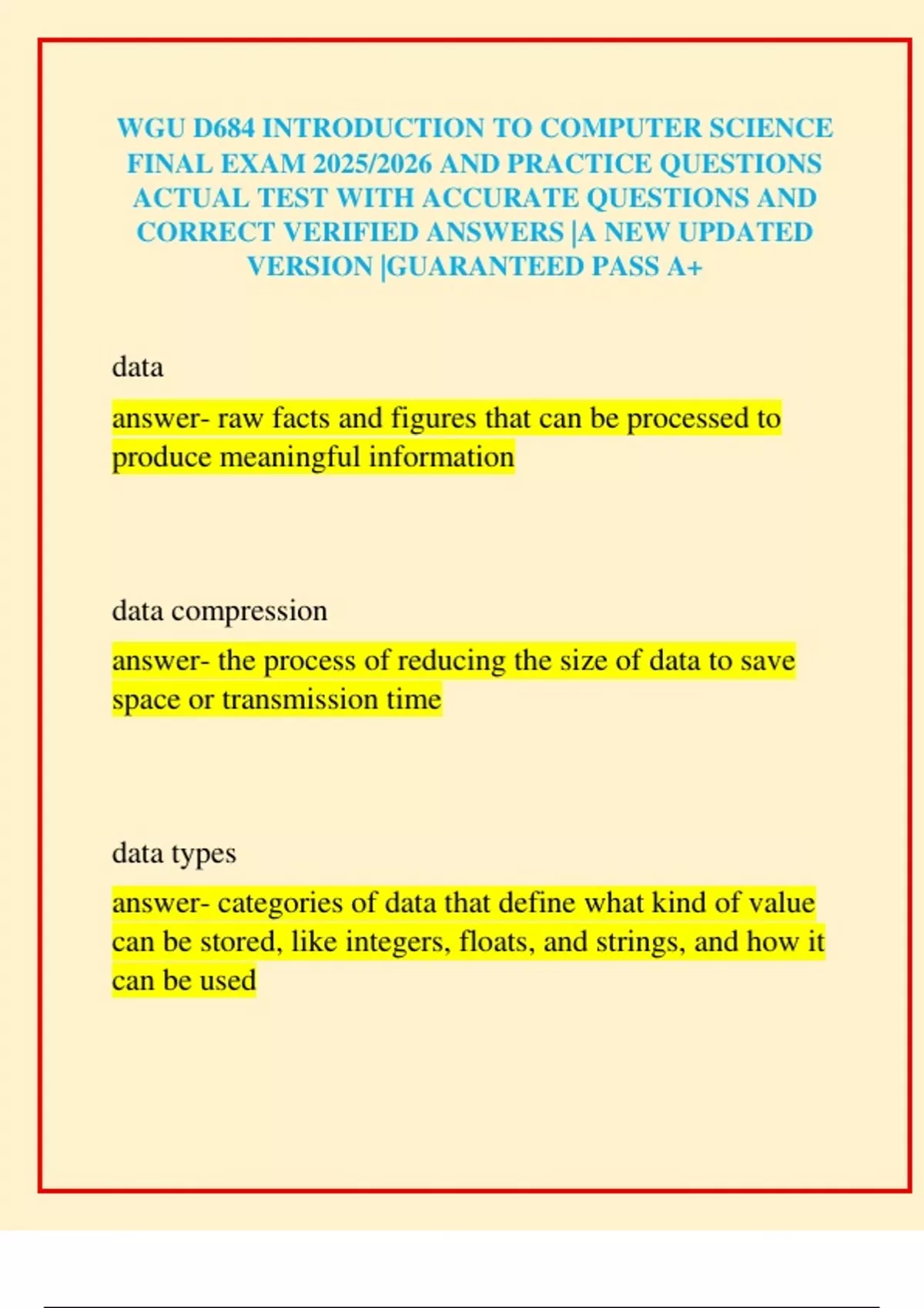 WGU D684 INTRODUCTION TO COMPUTER SCIENCE FINAL EXAM 2025/2026 AND ...