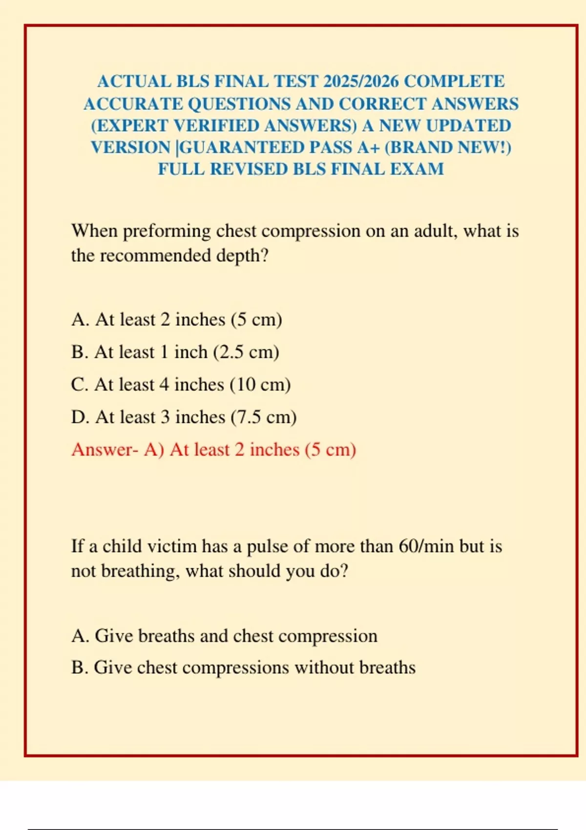 ACTUAL BLS FINAL TEST 2025/2026 COMPLETE ACCURATE QUESTIONS AND CORRECT ...