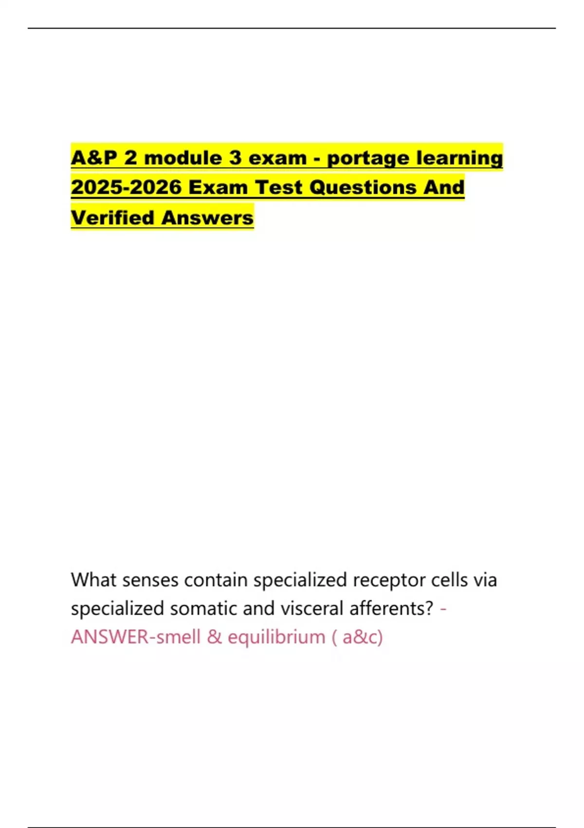 A&P 2 module 3 exam - portage learning Exam Test Questions And Verified ...